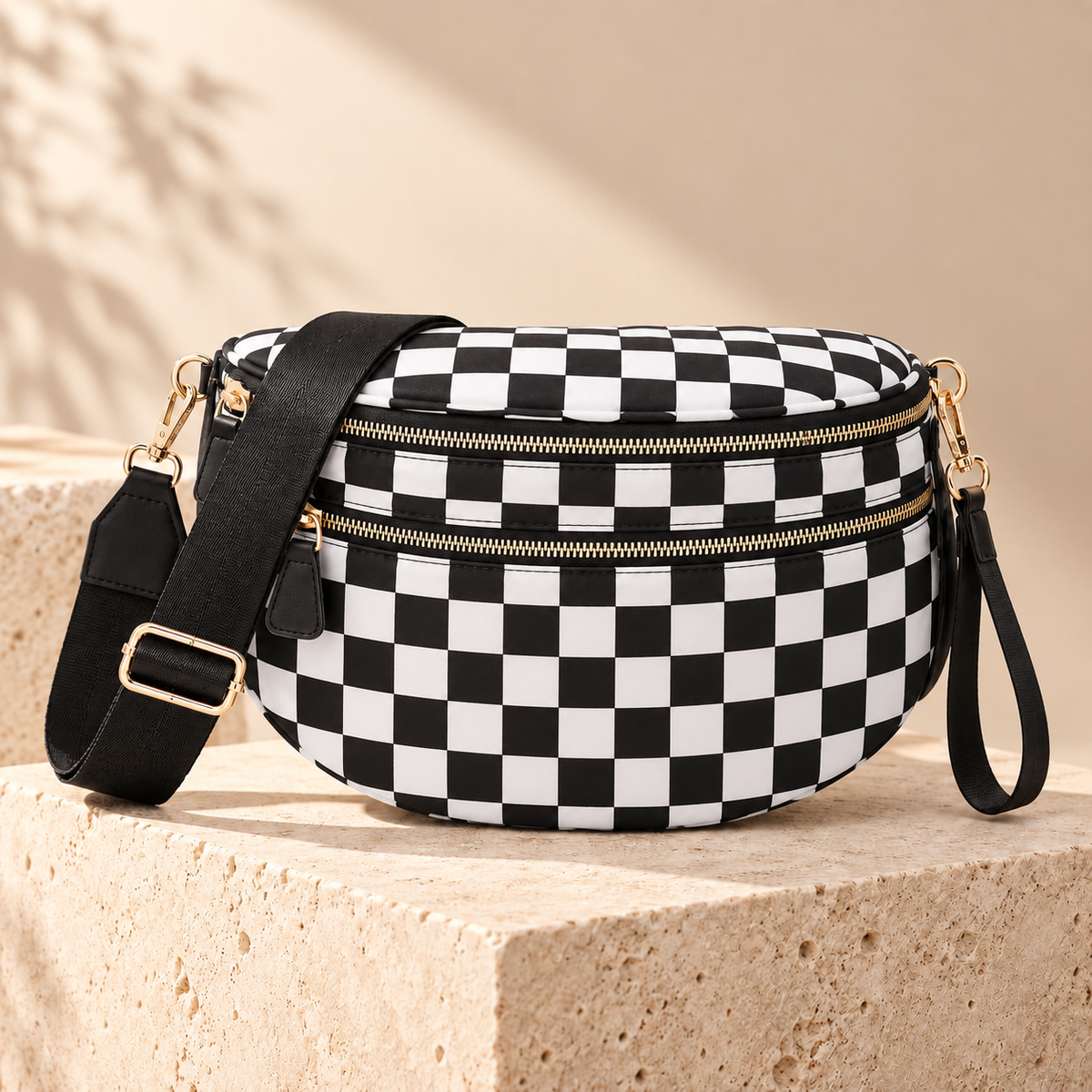 ZOCOIFY Everyday Roomy Crossbody Bag in black and white check on a warm stone pedestal