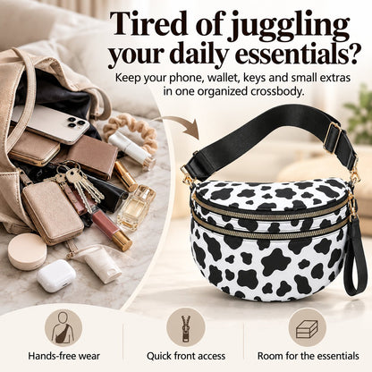 ZOCOIFY Everyday Roomy Crossbody Bag in cow print with hands-free, quick-access and roomy-storage benefits