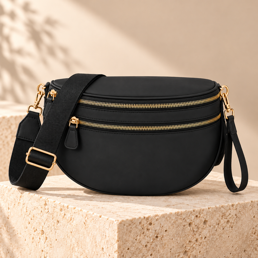 ZOCOIFY Everyday Roomy Crossbody Bag in solid black on a warm stone pedestal