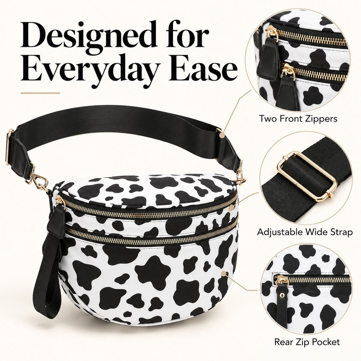 ZOCOIFY Everyday Roomy Crossbody Bag cow print showing front zippers, adjustable strap and rear zip pocket