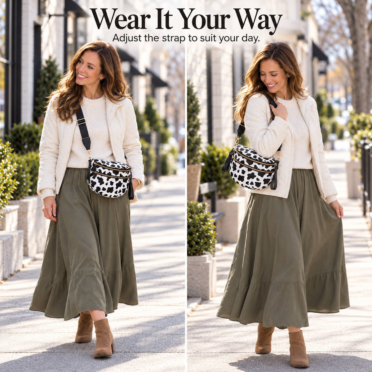 Woman wearing the ZOCOIFY Everyday Roomy Crossbody Bag in cow print crossbody and over the shoulder
