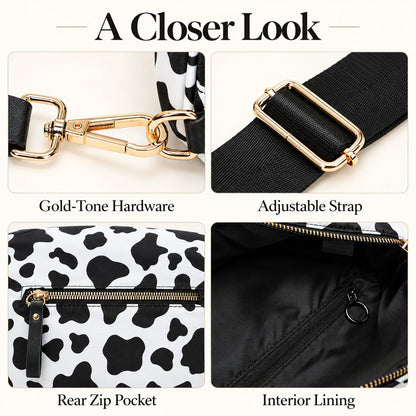 Close-up details of ZOCOIFY cow print crossbody bag gold-tone hardware, strap, rear pocket and lining