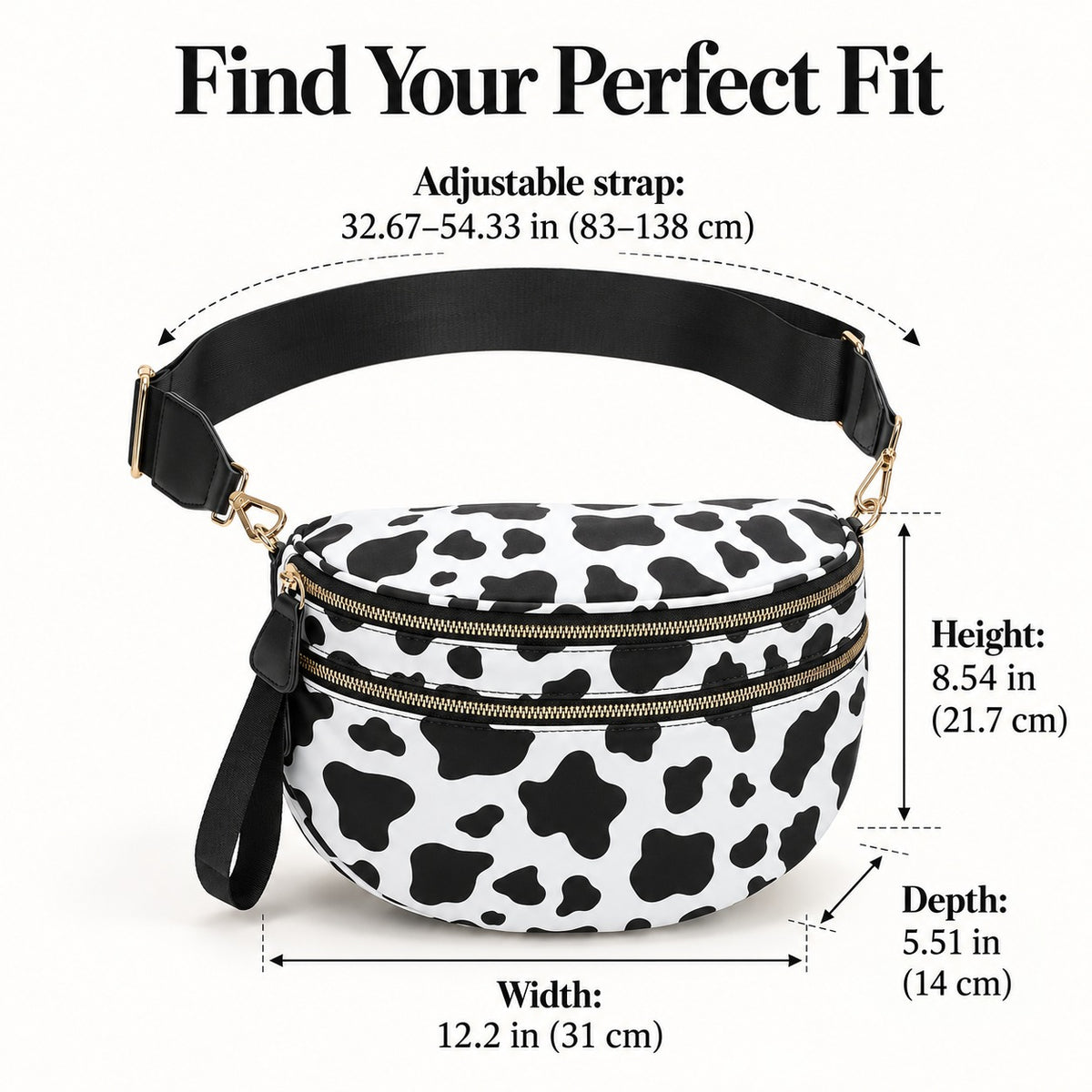 ZOCOIFY Everyday Roomy Crossbody Bag cow print dimensions and adjustable strap measurements