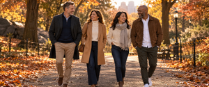 Friends walking through an autumn park wearing fall coats, sweaters and everyday shoes – ZOCOIFY Fall '26