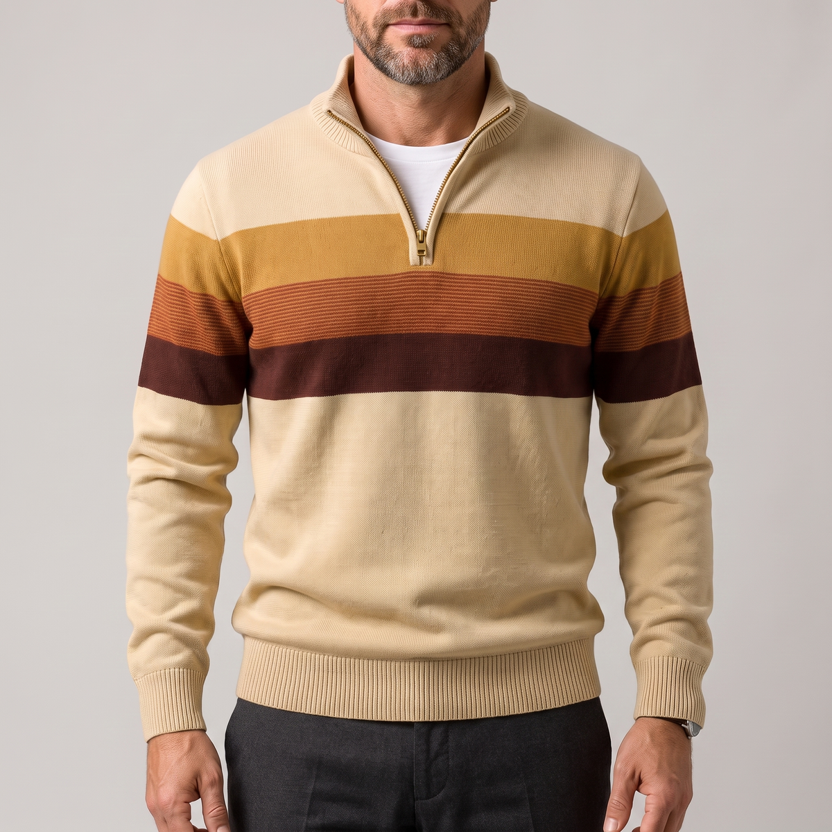 Stripe Quarter-Zip Pullover in Brown – ZOCOIFY
