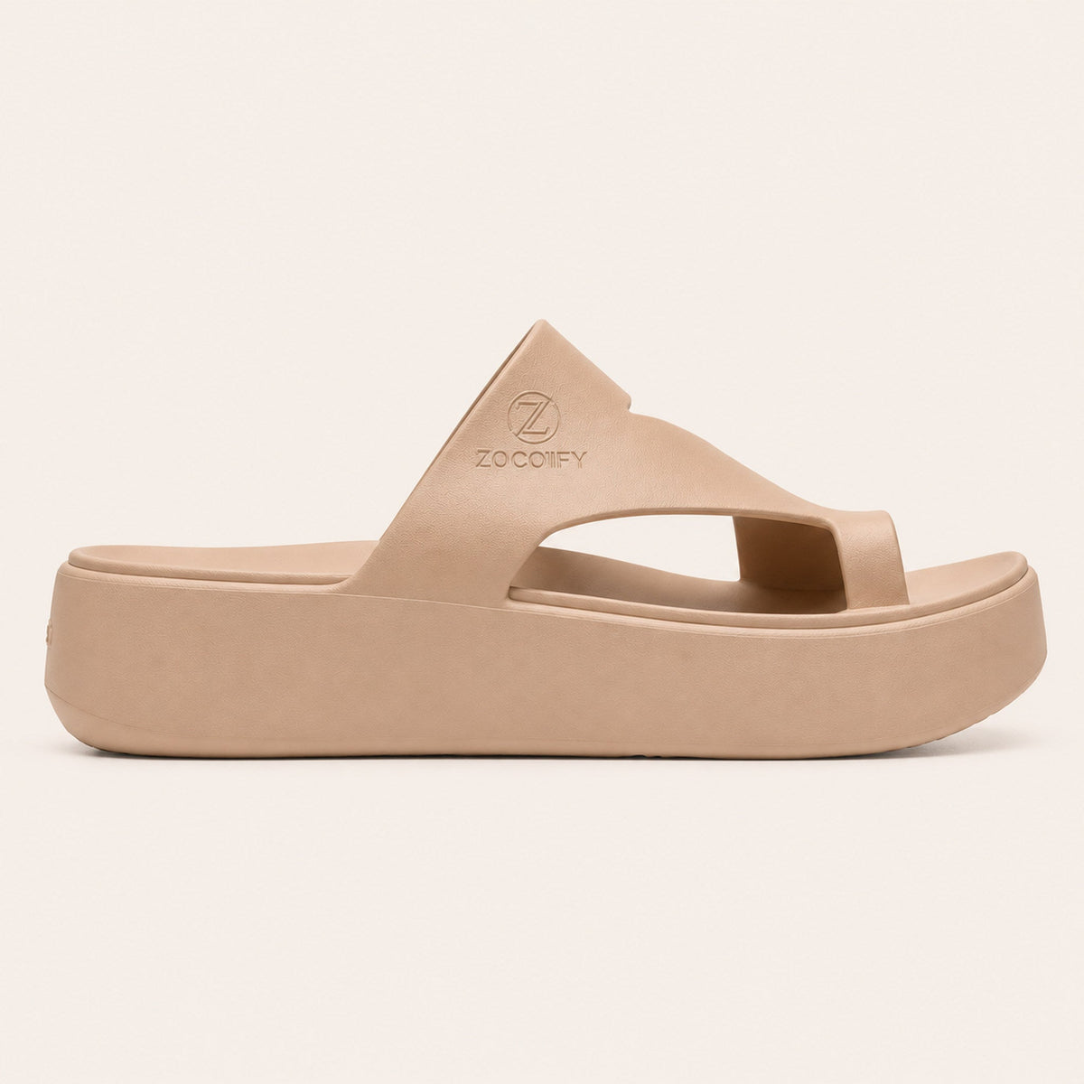 ZOCOIFY Amara truffle side toe-loop platform sandals, cream studio background