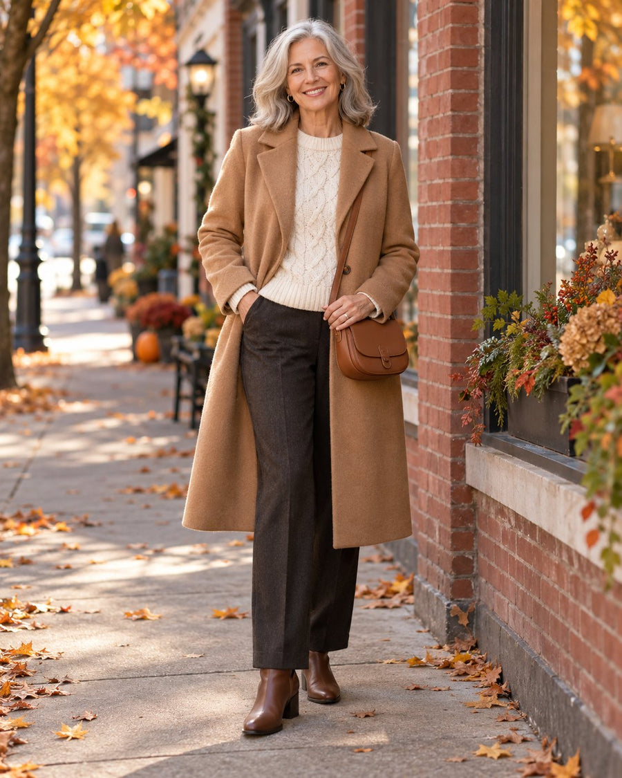 Woman in a long camel wool coat, cream cable-knit sweater and brown trousers on an autumn street – ZOCOIFY